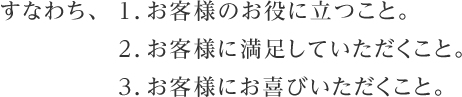 すなわち、１．お客様のお役に立つこと。２．お客様に満足していただくこと。３．お客様にお喜びいただくこと。